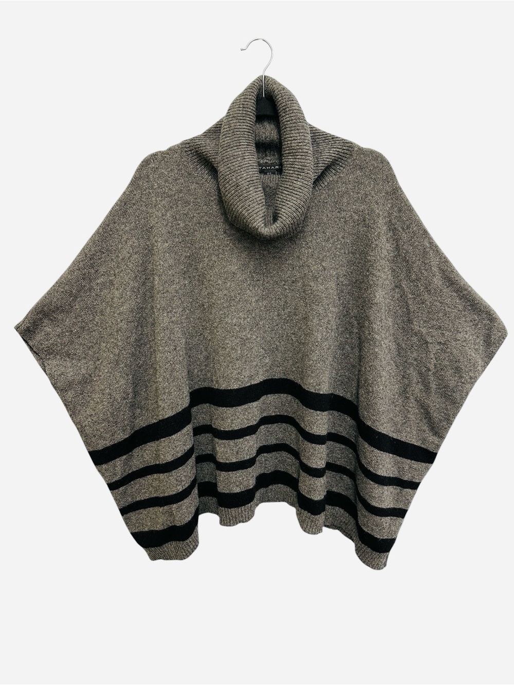 Tahari black grey wool yak hair flowy cowl neck poncho sweater Size M